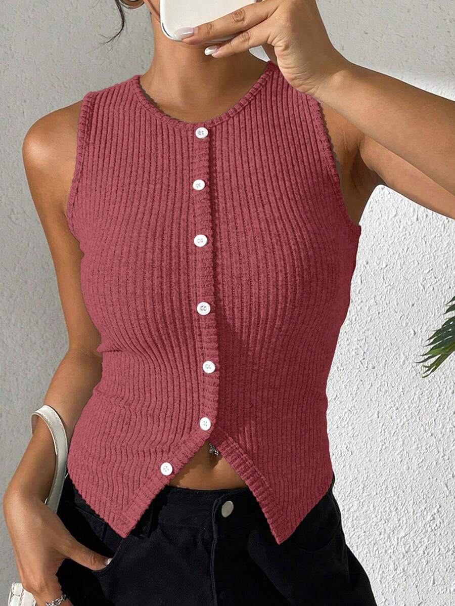 Chiquease Women's Casual Tight Ribbed Cropped Tank Top With Slit Back - Rose Red - View 1