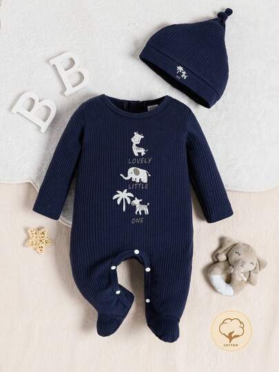 SHEIN 新生男婴睡衣，卡通长颈鹿和大象印花连体睡衣