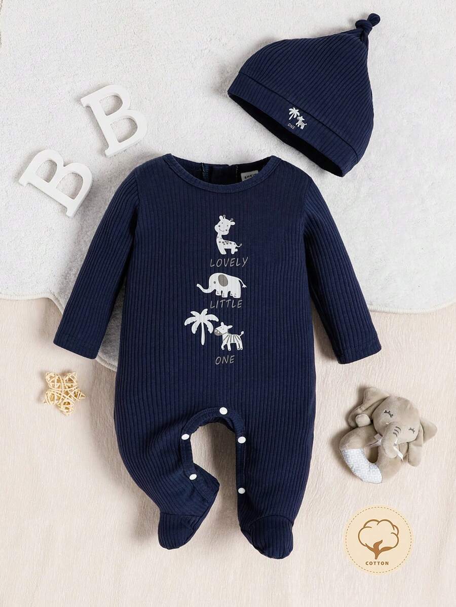 SHEIN 新生男婴睡衣，卡通长颈鹿和大象印花连体睡衣 - 藏蓝色 - 查看 1