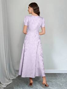 Modelyn Váy dệt kim Jacquard cổ tròn tay vỏ thanh lịch - Màu tím hoa cà - Xem 4