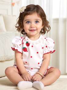 Infant & Baby Girl Ruffled Collar Strawberry Embroidery Polka Dot Bubble Sleeve Romper With Ruffle Hem, Cute & Comfortable For Home And Outdoor, Spring/Summer/Autumn