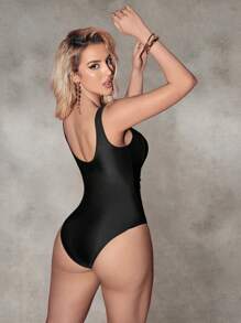 Shapewave Beach Summer Outfits For Women, One-Piece Shaping Swimsuit With Front Center Hollowing Squared Neckline Design - Black - View 2