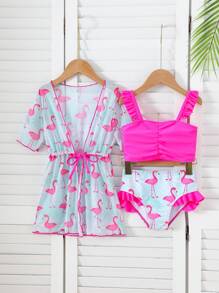 Flamingo Print Young Girl's Casual Bikini Set With Cover-Up Kimono - Multicolor - View 3