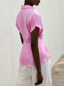 Aveloria Modichic Satin Ruched Waist Decor Short Sleeve Shirt - Pink - View 3