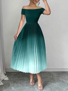 Lyxana Women's Elegant Off-Shoulder Pleated Gradient Print Fitted Dress - Dark Green - View 6