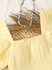 青少年女孩休闲度假飞袖方领纹理面料修身衬衫 - 芥末黃 - 查看 3