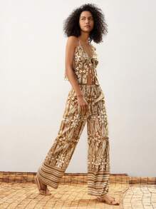 Maija 女士棕色夏季服装：可调节肩带露背植物印花短款上衣和松紧腰阔腿裤 2 件套 - 白色 - 查看 6