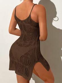 Swim Vcay 钩针编织带针织开衩下摆休闲罩衫，优雅的度假装，适合春季、夏季海滩度假、派对 - 棕色 - 查看 2