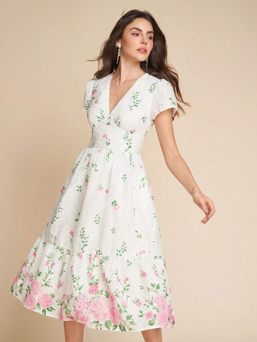 Amorya SHEN Clasi Women V-Neck Overlap Embroidered Floral Print Waisted Elegant Casual Holiday Swing Midi Dress With Pockets, White