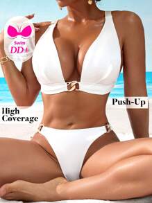 Swim DD+ Women's Solid Color Swimsuit Set, Suitable For Beach Holiday For Summer Beach Vacation - White - View 1