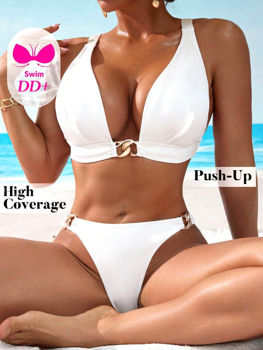 Swim DD+ Women's Solid Color Swimsuit Set, Suitable For Beach Holiday For Summer Beach Vacation - White - View 1