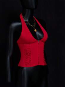 SHEIN ICON Women Plain Color Lace-Up Zipper Sleeveless Camisole - Red - View 5