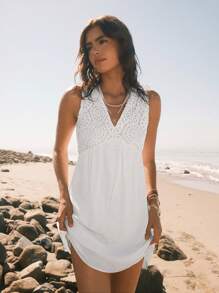 Easelle Romantic Deep V Lace Ruched Backless A-Line Mini Dress For Women, White - White - View 2