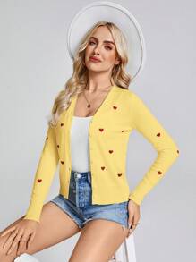 SHEIN LUNE Butter Yellow Lightweight Red Heart Pattern Cardigan For Women, Romantic Spring/Valentine's Day - Yellow - View 5