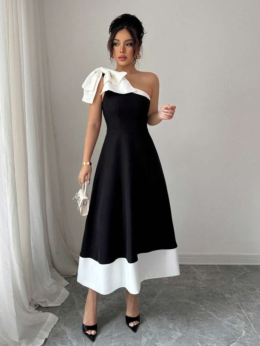 Elenzga 不对称领口打结撞色无袖优雅连衣裙 - 黑與白 - 查看 1