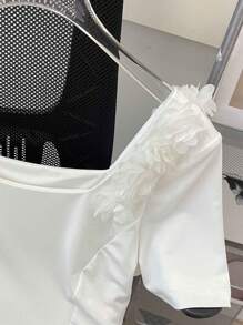 Chiquease 夏季方领3D花卉荷叶边短袖T恤 - 白色 - 查看 3