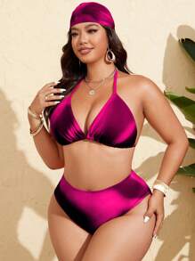 Swim Lushoire 4 件大码女式扎染印花比基尼套装，带褶饰网眼迷你裙、头巾、沙滩泳衣套装、夏季假日 - 彩色 - 查看 5