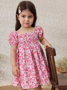 Blossori Vestido de fiesta campestre para niñas con mangas abullonadas, flores pequeñas de color rosa y detalle de smocking - Multicolor - Ver 1