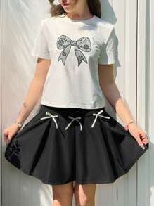 SHEIN 2 Pieces Set: Casual Simple Comfy Crew Neck Top With Bow Design & Pleated Skirt For Teen Girls - Black - View 1