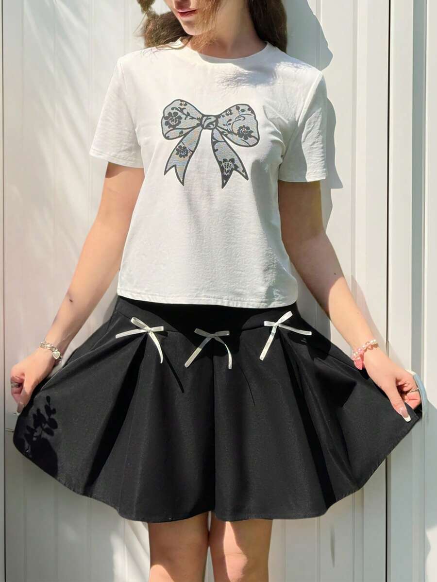 SHEIN 2 Pieces Set: Casual Simple Comfy Crew Neck Top With Bow Design & Pleated Skirt For Teen Girls - Black - View 1