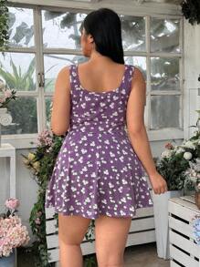 SHEIN EZwear 大码女式无袖碎花连体裤，带口袋 - 紫羅蘭色 - 查看 2