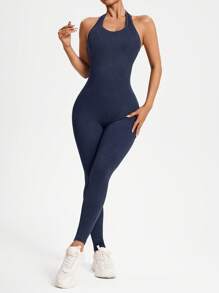 SHEIN Sports Navy Blue Backless Racerback Seamless Yoga Jumpsuit - Navy Blue - View 3