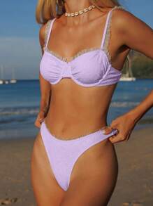 SHEIN Swim 女士夏季性感蕾丝边钢圈纯色比基尼套装，沙滩装 - 紫色 - 查看 5