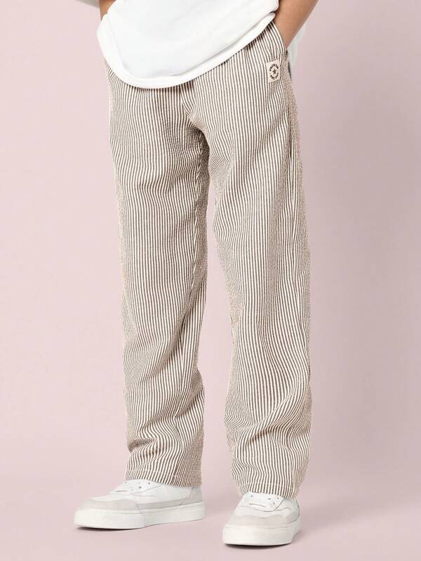 SUMWON Pull On Pants Boys Striped Cotton Casual Pants Youth Wide Leg School Uniform Classic Comfortable Spring Fall Winter Pants With Side Pockets