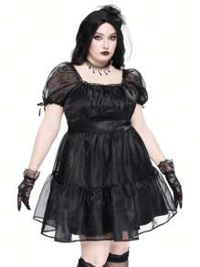 ROMWE Goth Plus Size Halloween Vintage Romantic Organza Layered A-Line Dress