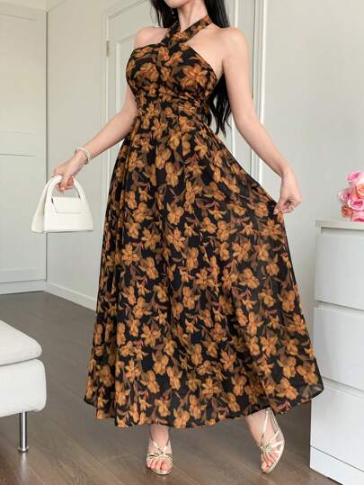 DAZY 女士夏季交叉系带碎花连衣裙休闲度假长裙复活节长裙邮轮旅行装