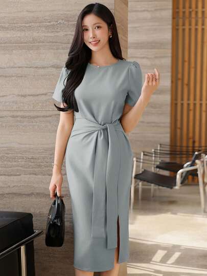 DAZY 优雅纯色圆领系腰女式中长连衣裙，夏季