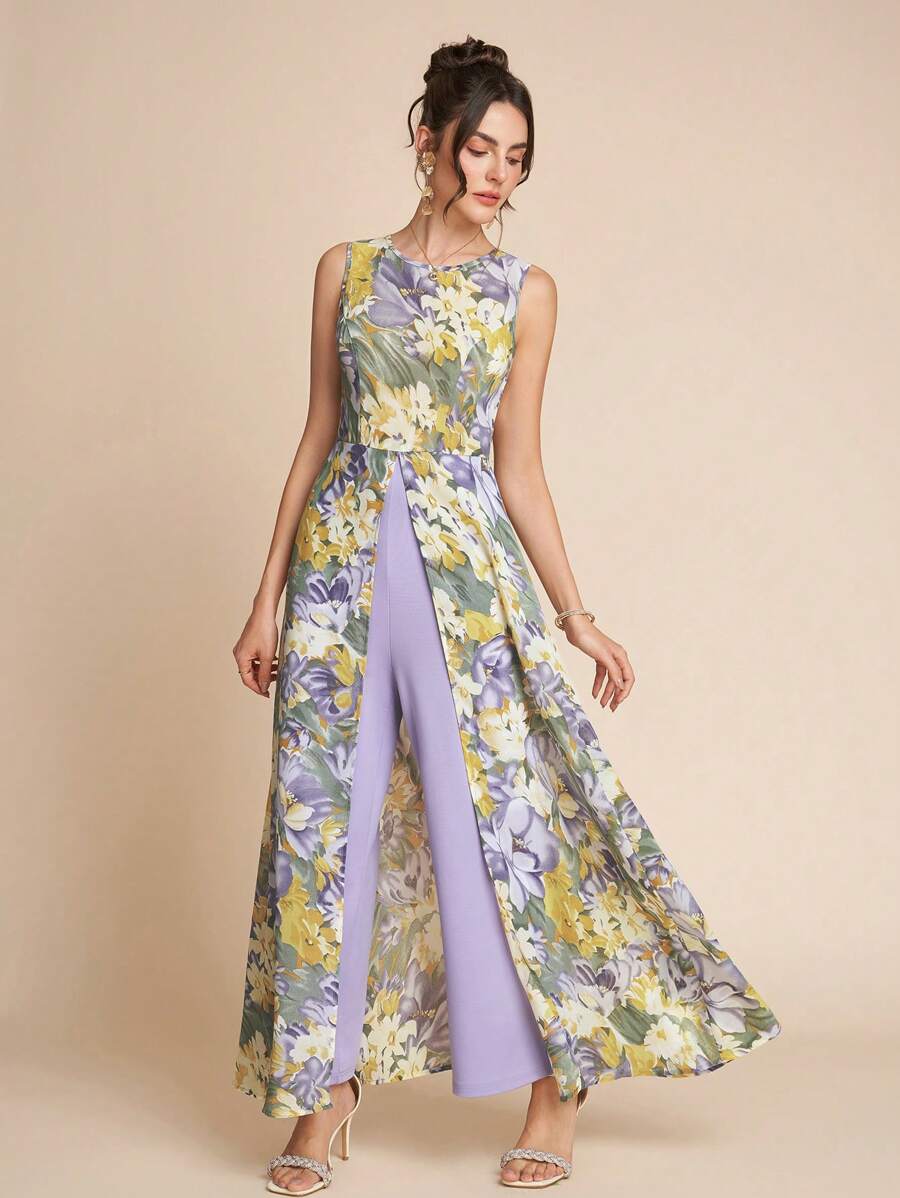 SHEIN Clasi Amorya 女士花卉印花弹力针织紫色雪纺连体裤，优雅日常休闲假日服装，春夏 - 紫色 - 查看 1