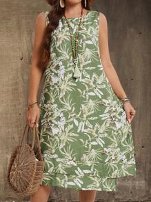 EMERY ROSE Plus Size Women Summer Vacation Round Neck Sleeveless Vintage Geometric Print Asymmetrical Hem Dress,Gifts For Mother,Summer Holiday,Vacation Outfits Women,Simple And Fashionable For Everyday Wear,Vacay Vibes,Springbreak,Casual Wear SS - Multicolor - View 2