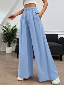 SHEIN EZwear Women's Solid Color Pocket Twist Casual Loose Straight Leg Pants - Blue - View 5