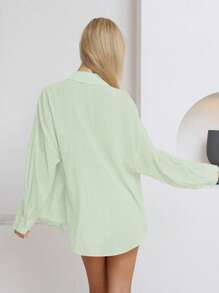 Sunnyshic 2 件套 - 女士休闲日常纯色亚麻薄面料纽扣前长袖衬衫和低腰短裤，春夏 - 橄欖綠 - 查看 2