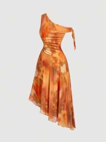 SHEIN MOD Elegant Asymmetric Shoulder Floral Dress,Summer Dresses For Women,Boho,Beach,Vacation,Tea Party Dress,Vintage Dress,Going Out Dress,Bow Dress,Tropical Dress,Orange Dress
