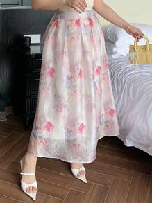 Dazy Plus Plus Size Floral Print Chiffon A-Line Skirt, Summer Women Plus Sun Skirt Vacation Outfits Women - Pink - View 6