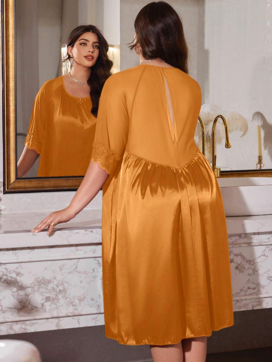MuseNap CURVE Plus Size Short Sleeve Nightgown With Satin, Mesh And Lace Patchwork - Burnt Orange - View 1