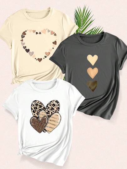Camiseta de manga corta con cuello redondo y diseño de corazón estampado de leopardo, adecuada para uso casual diario y al aire libre, apta para todas las estaciones