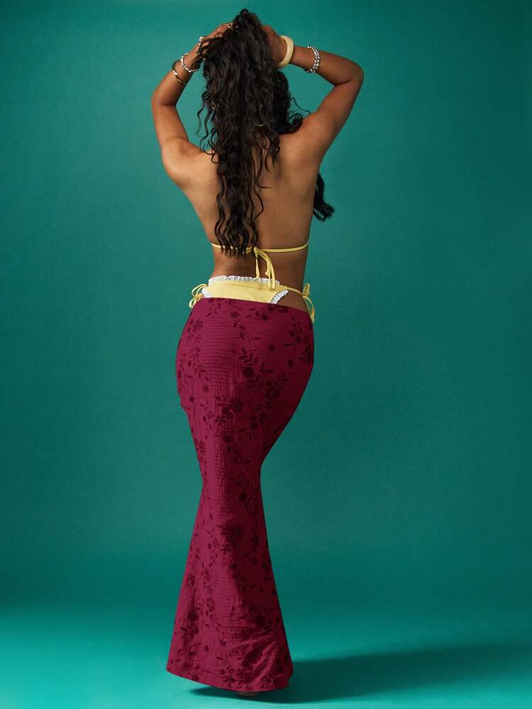 MISSGUIDED Designer Velvet Floral Jacquard Maxi Skirt Fall Winter Evening Party Wear Stretchy Form Fitting Long Floor Length Side Tie Festival Holiday Celebration