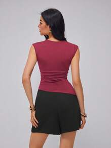 Roylia Women's Sexy Slim Fit Ruched Shoulder T-Shirt, Round Neck, Summer - Red - View 2