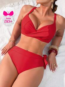Swim DD+ DD+ Push-Up Solid Color Strappy Bikini Set For Summer Beach Vacation
