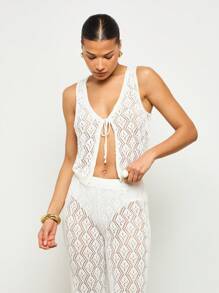 AiiRZ Conjunto de top con nudo tejido y pantalones acampanados - Blanco - Ver 3