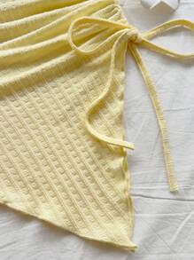 Soleia Women Summer Vacation Yellow Knit Textured Fabric Sleeveless Bodycon Belted Ruched Hem Tank Top, Suitable For Party, Dating, Easter, Carnival, Afternoon Tea, Beach, Cruise, City Holiday Off The Shoulder Top - Yellow - View 4