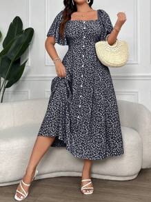 Calvaya Plus Size Women's Ditsy Floral Print Square Collar Buttoned Dress Maxi Women Outfit