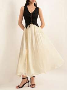 Chiquease French Retro High-End Slimming Colorblock Sleeveless Tie Waist Women Long Dress, Summer Elegant FashionableOld Money Style For Spring Fall - Black and White - View 3