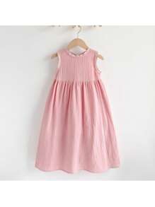 SHEIN Vestido casual suelto de unicolor, cuello redondo y sin mangas para niñas jóvenes