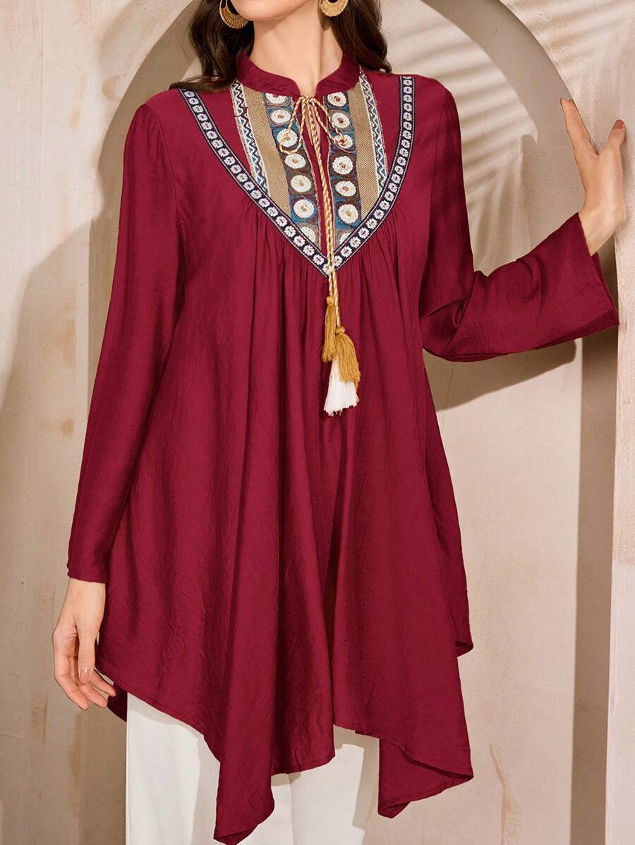 Al Najma 简约流苏休闲女式阿拉伯上衣 - 酒紅色 - 查看 1