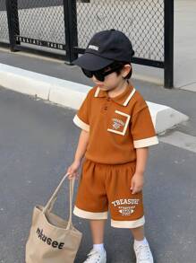 Young Boys Letter Print Casual Simple Round Neck Short Sleeve T-Shirt And Shorts Set - Multicolor - View 8