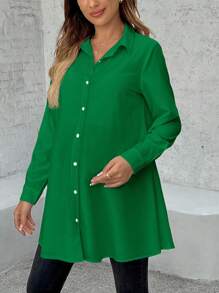 SHEIN 纯色长袖单排扣休闲宽松孕妇衬衫 - 墨綠色 - 查看 5